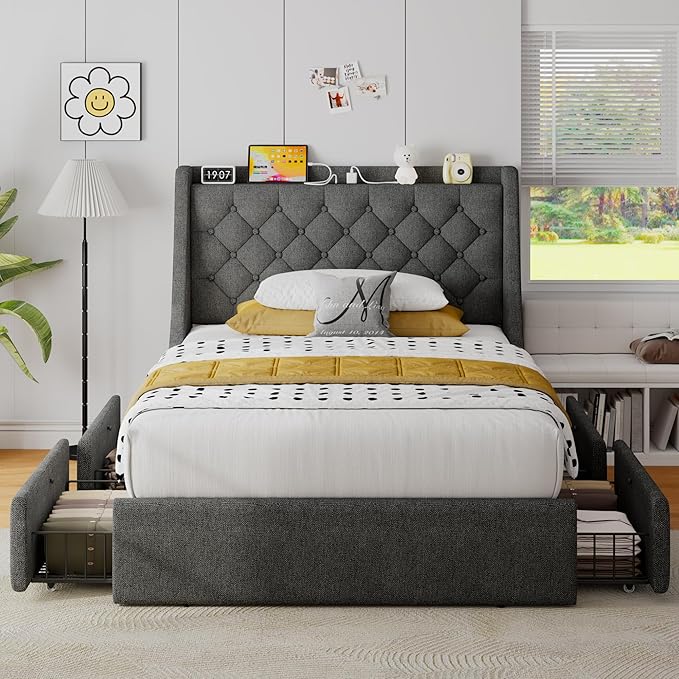 Upholstered Twin Bed Frame with 4 Storage Drawers, Platform Bed Frame with Large Wingback Headboard, Charging Station, No Box Spring Needed, Easy Assembly, Dark Grey