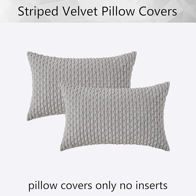 Kevin Textile Decor Solid Decorative Pillow Case Striped Jacquard Cushion Cover for Lumbar Light Grey 12x20 Inch (30x50cm) 2 Pieces