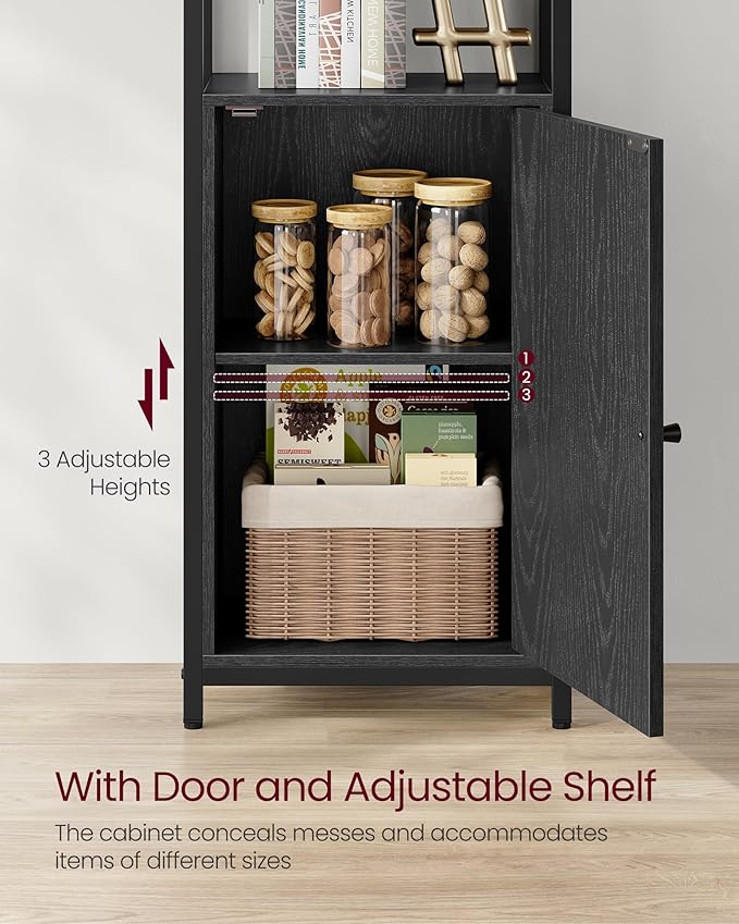 VASAGLE 6-Tier Bookshelf, Tall Bookcase with Cabinet, Steel Frame, Adjustable Shelves, 9.4 x 15.7 x 62.8 Inches, Living Room Bedroom, Ebony Black and Ink Black ULLS132B01