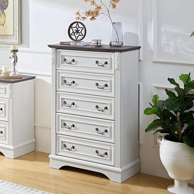 Modern 5 Drawer Dresser, Dressers for Bedroom, Wood Rustic Tall Chest of Drawers with Carved Wood Pilasters, Farmhouse Dressers Organizer for Bedroom, Hallway, Antique White