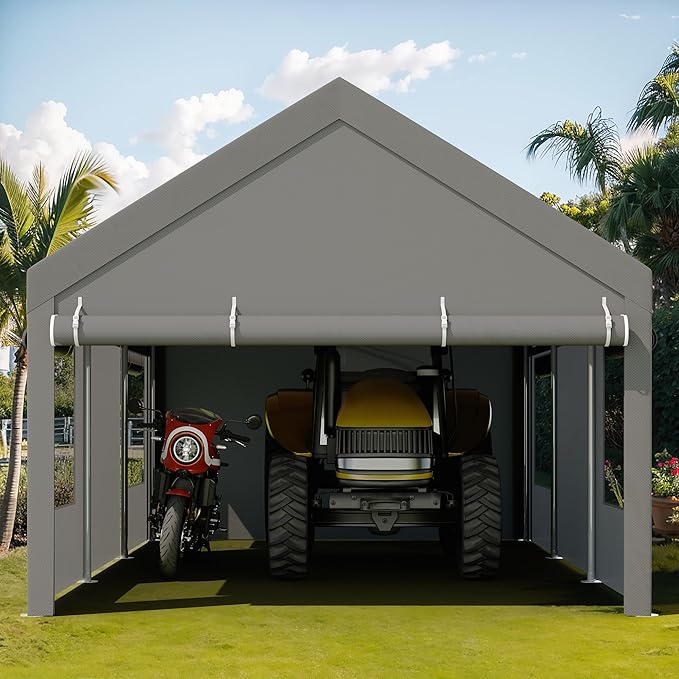 JY QAQA 10x20 FT Heavy Duty Carport with Removable Side Walls and Doors, Portable Garage with Roll-Up Window and Sandbags, Car Canopy with All-Season Tarp for Cars, Trucks, Boats, Grey