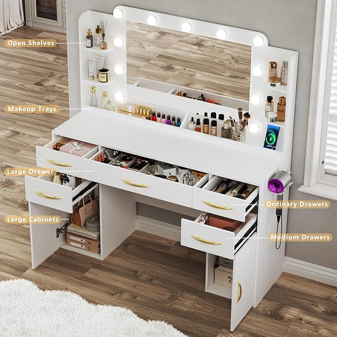 Makeup Vanity Desk with Lights, 45.5" Large Vanity with Mirror and Lights in 3 Models, Vanity with Power Outlet, Vanity Desk with 5 Drawers, 2 Cabinets, Shelves for Bedroom, White