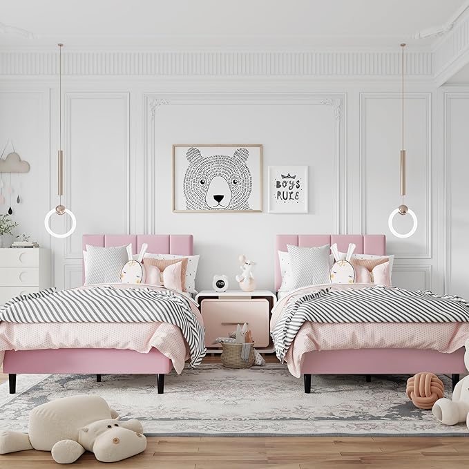 Twin Size Bed Frame, Platform Bed Frame with Velvet Upholstered Headboard, Twin Upholstered Mattress Foundation with Strong Wooden Slats, No Box Spring Needed, Noise Free, Easy Assembly