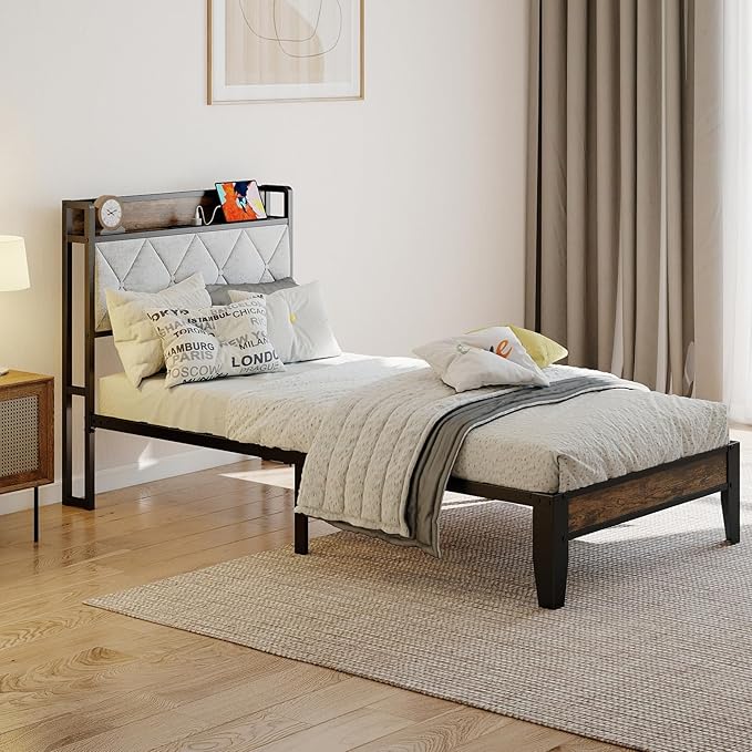 Sweetcrispy Twin Bed Frame with Headboard,Spacious Underbed Storage,Integrated Charging Station,Durable Squeak-Free Frame,Simple No-Tool Assembly,Works with Twin Mattress No Box Spring Required
