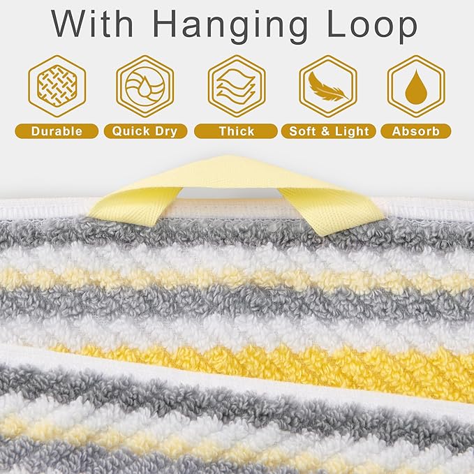 Bath Towels with Hanging Loops, 3PC Striped Towels - 100% Cotton, Quick Dry, Soft, Absorb & Lightweight, 1 Bath 28"x52", 1 Hand 16"x27", 1 Washcloth 13"x13", Shower Towel Decorative Set, Yellow + Gray