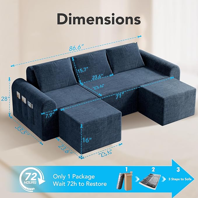 Cloud Sectional Couch with 2 Ottomans & 3 Pillows, Boneless Couches for Living Room, U Shaped Sectional Sofa Deep Seat Comfy Couch for Small Spaces, No Assembly Required, 72h to Restore