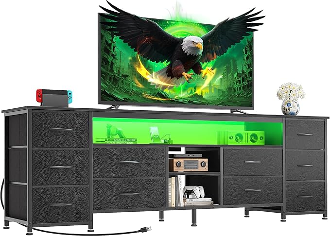 Huuger 63 Inch LED TV Stand Dresser with Power Outlets, USB-C Port and LED Lights, 10 Fabric Drawer Dresser for Bedroom, Long Entertainment Center for 65, 70 Inch TV, Open Shelves, PU Leather, Black