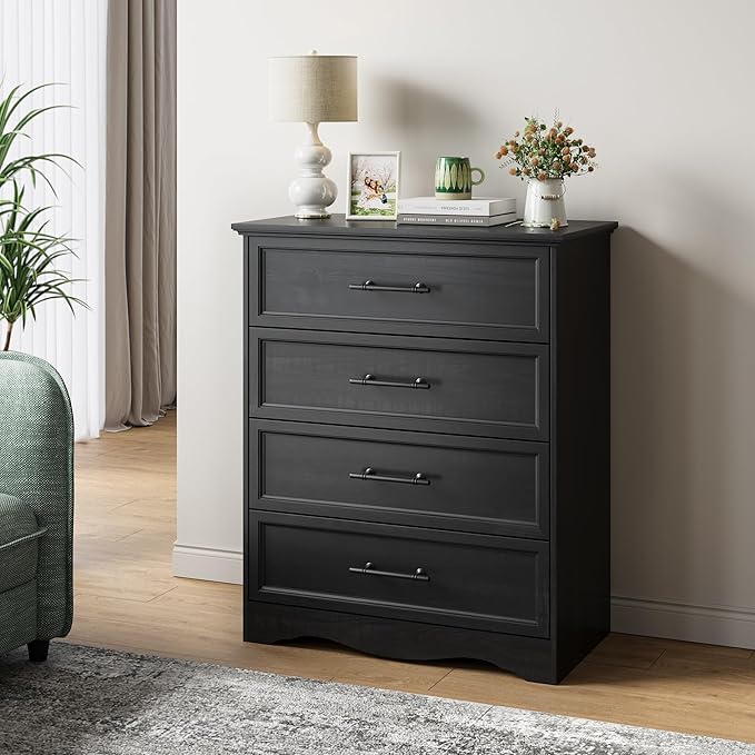 Black Dresser for Bedroom, Farmhouse 36" Tall 4 Drawer Chest with Sleek Brushed Metal Handles, Modern Wood Storage Cabinet with Unique Base Design, Closet Organizer for Bedroom, Living Room, Hallway