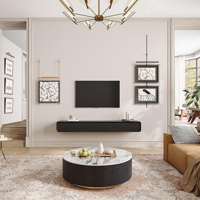 Fully-Assembled Minimalist Floating TV Stand, Modern Wall-Mounted Entertainment Center with 3 Flip-Down Cabinet Doors, Solid Wood, Black Oak, 78"