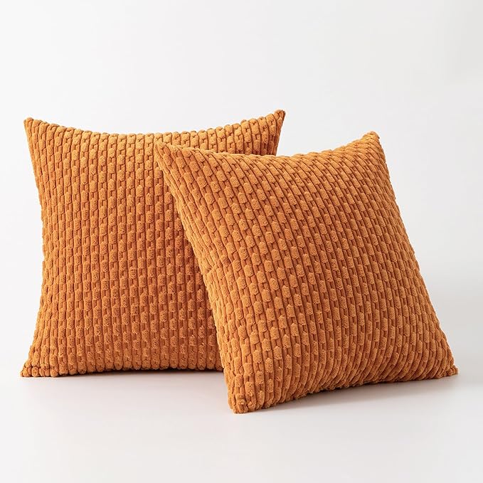 Kevin Textile Fall Throw Pillow Covers Soft Corduroy Decorative Set of 2 Boho Striped Pillow Covers Pillowcases Farmhouse Home Decor for Couch Bed Sofa Living Room 16x16 Inch Orange Yellow