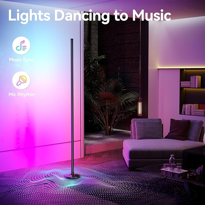 SUNMORY RGB LED Floor Lamp, 57" Corner Lamp with 80+ Scene & Timer, Smart Modern Ambient Lighting with Music Sync & 16 Million Colors, Remote & App Floor Lamps for Living Room, Gaming Room, Bedrooms
