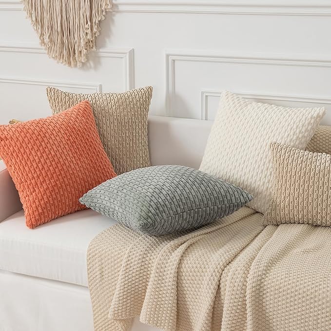 Kevin Textile Throw Pillow Covers Soft Corduroy Decorative Set of 2 Boho Striped Pillow Covers Pillowcases Farmhouse Home Decor for Couch Bed Sofa Living Room 24x24 Inch Beige