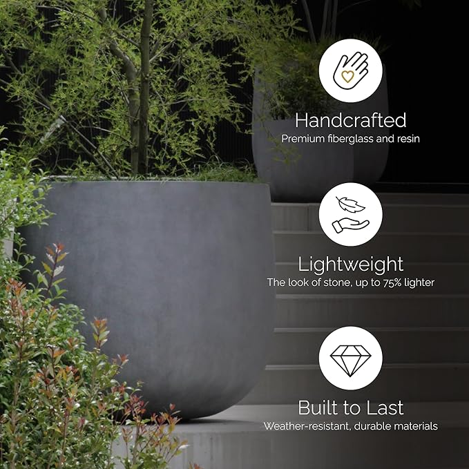 Mondo Large Planter – Grey Stone Finish – Fiberglass Indoor/Outdoor and Weather-Resistant Round Planter (19.7" D x 19.1" H Exterior, 18.5" D x 18.5" H Interior)