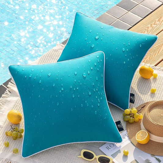 Phantoscope Pack of 2 Outdoor Waterproof Solid Throw Decorative Pillow Cover Decorative Square Outdoor Pillows Cushion Case Patio Pillows for Couch Tent Sunbrella, Teal Blue 20x20 inches 50x50 cm