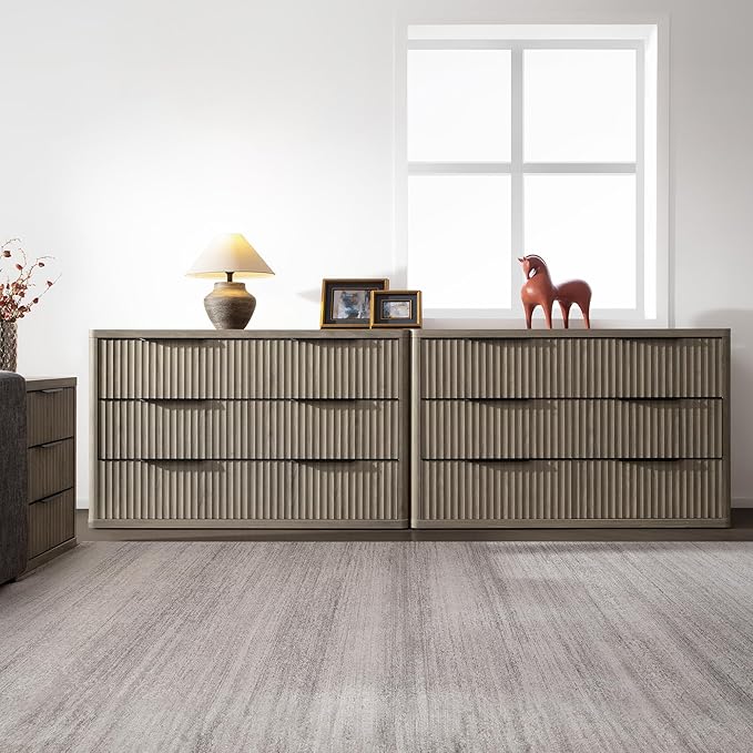 SICOTAS Dresser for Bedroom 6 Drawer Dressers & Chests of Drawers for Closet Long Large Modern TV Stand Set for Clothes Storage Fluted Wide Clothes Closet for Hallway Entryway (Grey Alder, 2 Pieces)