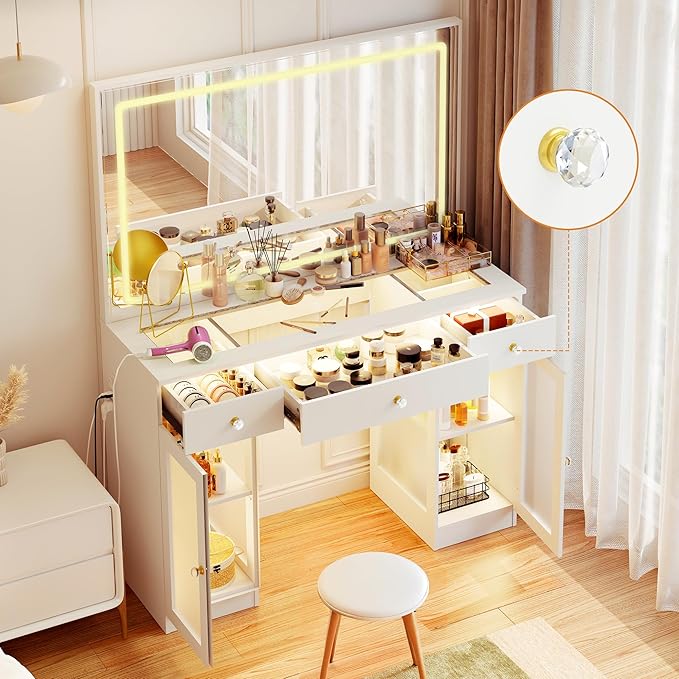 Pamapic Makeup Vanity with Lighted Mirror, Glass Top Vanity Desk with Power Outlet, 3-Drawer White Vanity, Makeup Table with 3 Color Modes Adjustment