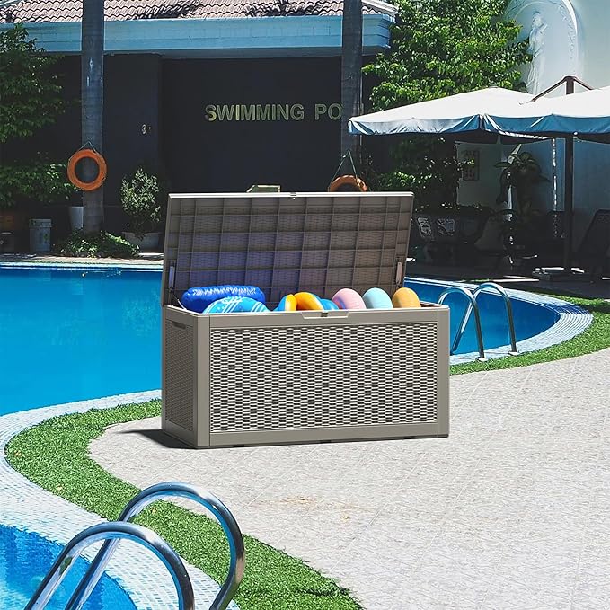 100 Gallon Resin Outdoor Storage Box,Waterproof Deck Box Lockable for Patio Furniture Cushions, Garden Tools, Heavy-Duty Double-Wall Structure with Gas Lift and Reinforced Seat Lid, Grey