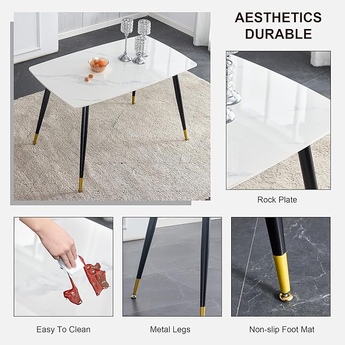 Modern Dining Table Set for 4 Marble Kitchen Table Set with 2 Upholstered Benches 3-Piece Dining Room Sintered Stone Table and Bench Set for Breakfast Nook, Apartment(50" White Table+2Benches)