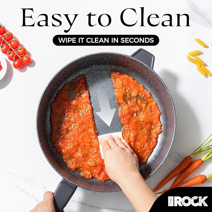 THE ROCK SOHO 4 Qt Nonstick Deep Frying Pan Skillet with Glass Lid, 11 Inch Large Deep Frying Pan, Non Stick Saute Pan – Stay-cool Handle, Induction Compatible, Oven & Dishwasher Safe, Black