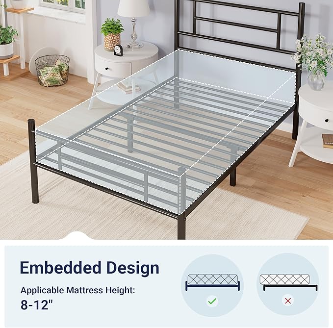 Allewie 14 Inch Twin Size Metal Platform Bed Frame with Headboard and Footboard, Underbed Storage, Strong Metal Slats Support, Mattress Foundation, No Box Spring Needed, Easy Assembly, Black