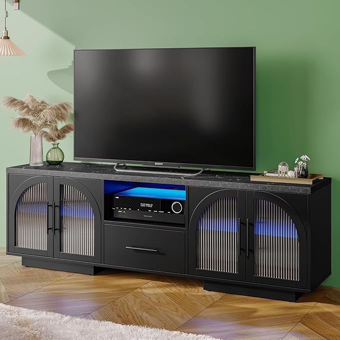 70" TV Stand for 80 Inch TVs, Entertainment Center with LED Lights and Arched Glass Doors, Faux Marble Wood Finish, Adjustable Shelves, Modern TV Cabinet for Living Room, Black