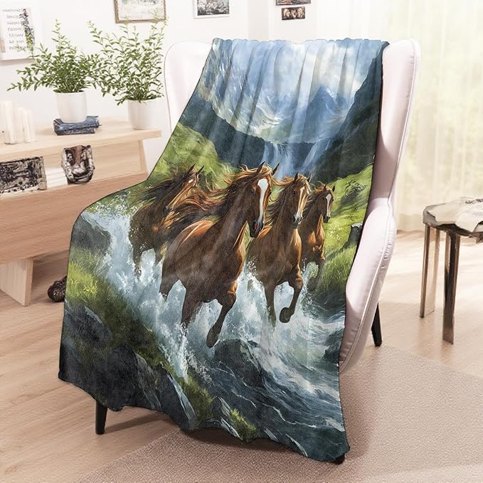 Running Horses Blanket, Cozy Flannel Stallions in Mountain Stream Throw Blanket for Couch Outdoor, Plush Soft Lightweight Travel Blankets for Bed Decor and Gifts, for Women Adults Kids 60"x80"