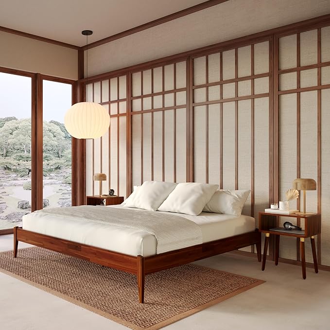 Bme Dinkee King Bed Frame Wood 15 Inch - Solid Wood Platform Bed Frame - Japanese Joinery Bed - Modern & Minimalist Style - Wood Slat Support - Easy Assembly - No Box Spring Needed - Chocolate