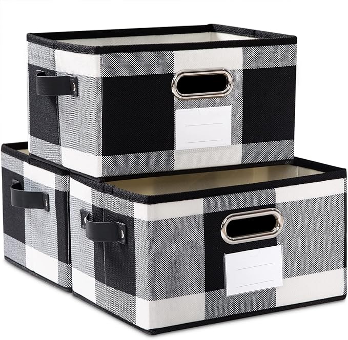 PRANDOM Large Collapsible Storage Baskets for Closet [3-Pack] Decorative Fabric Storage Bins Cubes with Leather/Metal Handles for Shelves Bedroom Living Room Black and White Grid (14.9x9.8x8.3 Inch)