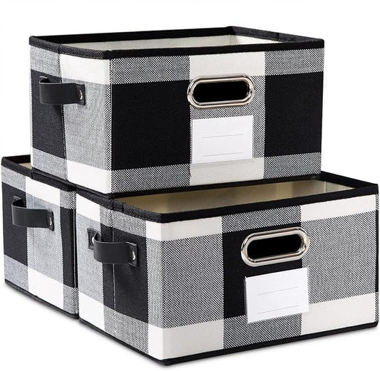 PRANDOM Large Collapsible Storage Baskets for Closet [3-Pack] Decorative Fabric Storage Bins Cubes with Leather/Metal Handles for Shelves Bedroom Living Room Black and White Grid (14.9x9.8x8.3 Inch)