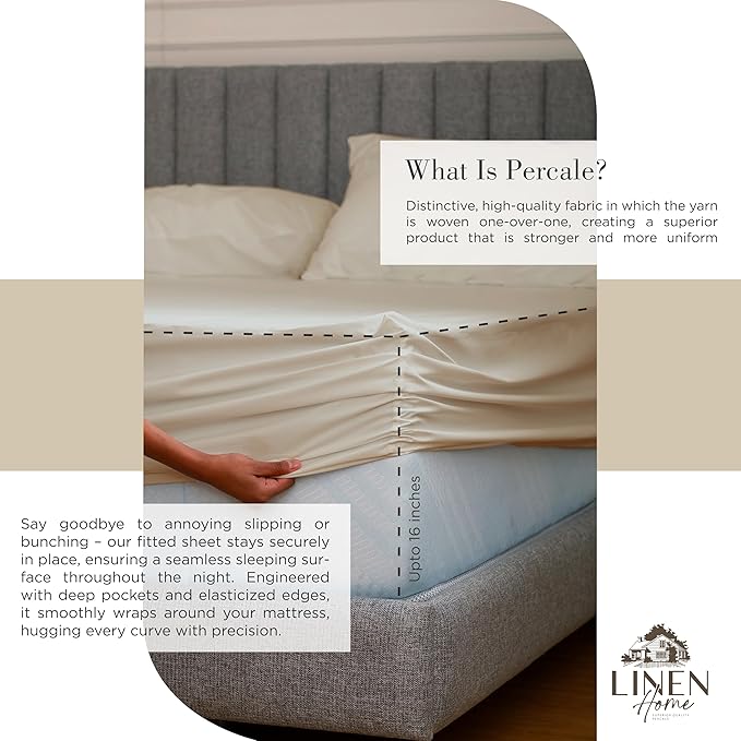 Linen Home 100% Cotton Percale Sheets Full Size, Light Taupe, Deep Pocket, 4 Pieces Set - 1 Flat, 1 Deep Pocket Fitted Sheet and 2 Pillowcases, Crisp Cool and Strong Bed Linen