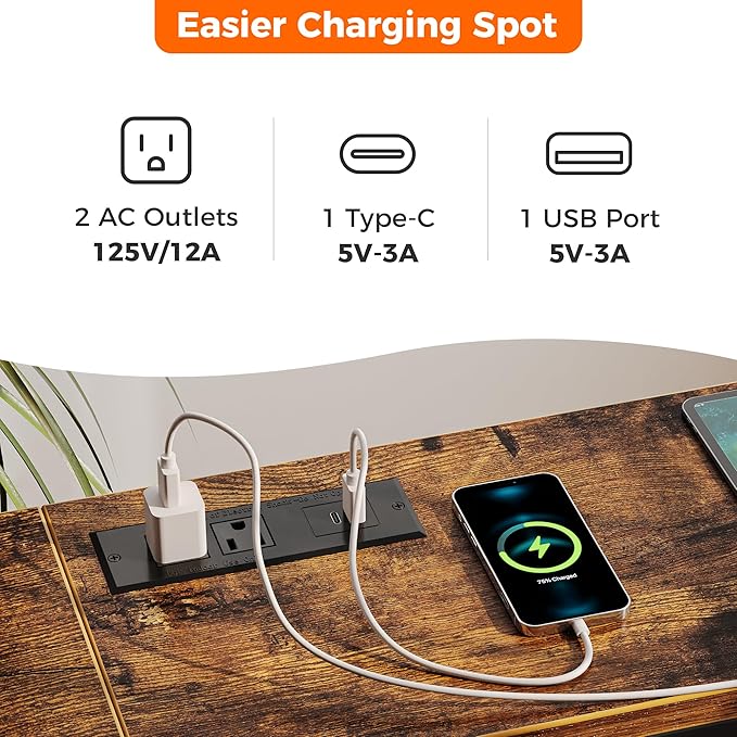 SUPERJARE 78.7 Inch Console Table with Outlet, Sofa Table with Charging Station, Narrow Hallway Entryway Table, Behind Couch Table, for Living Room, Rustic Brown