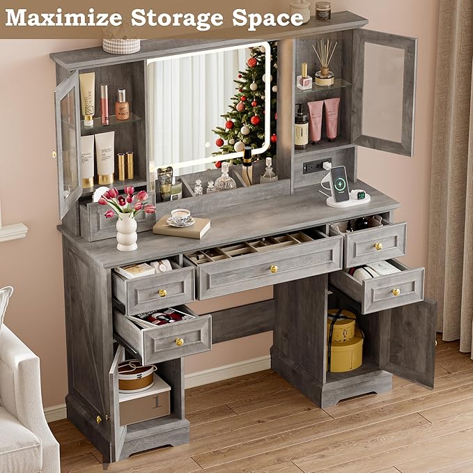 Vanity Desk with Lights, Large LED Mirror with 3 Color Modes, Makeup Vanity with Power Outlet & USB Ports, 6 Drawers & 2 RGB Glass Cabinets, Farmhouse Dressing Table for Women & Girls (Wood)