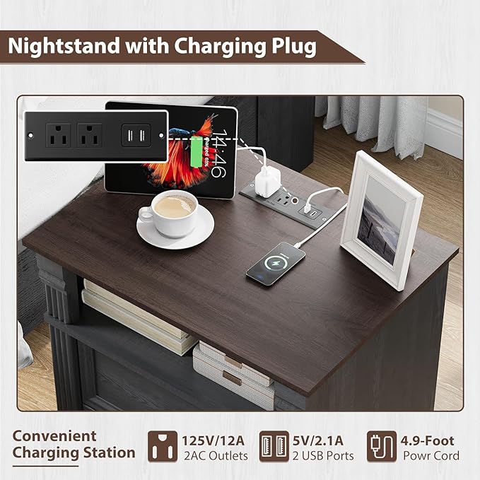 Yaamizz Farmhouse Nightstands Set of 2 with Charging Station, Table with Drawer and Storage Shelf, Wood Pilasters and Metal Handles, Vintage Design, Organizer for Bedroom, Hallway, Black