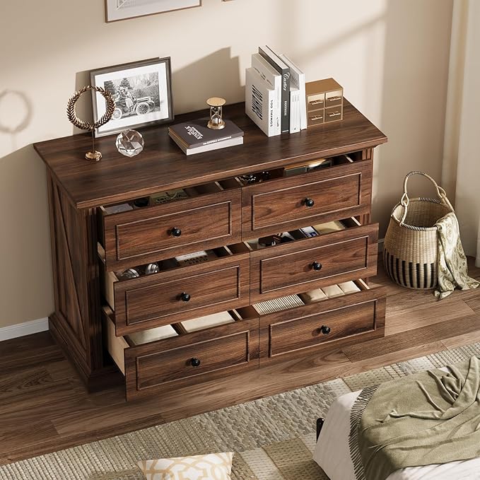QUW Farmhouse 6 Drawer Dresser for Bedroom, 47" Wide Wood Chest of Drawers with Charging Station, Metal Handle, Modern Closet Clothes Storage Organizer for Living Room, Hallway, Entryway, Dark Walnut