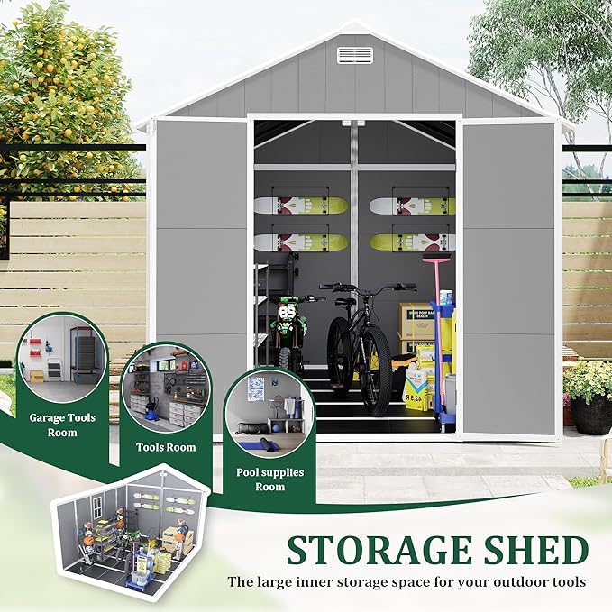 8x10 FT Outdoor Storage Resin Shed with Floor, Plastic Garden Tool Shed with Sloped Roof, Lockable Door & Windows, Easy to Assemble Bike Shed for Lawn, Backyard, Patio, Grey