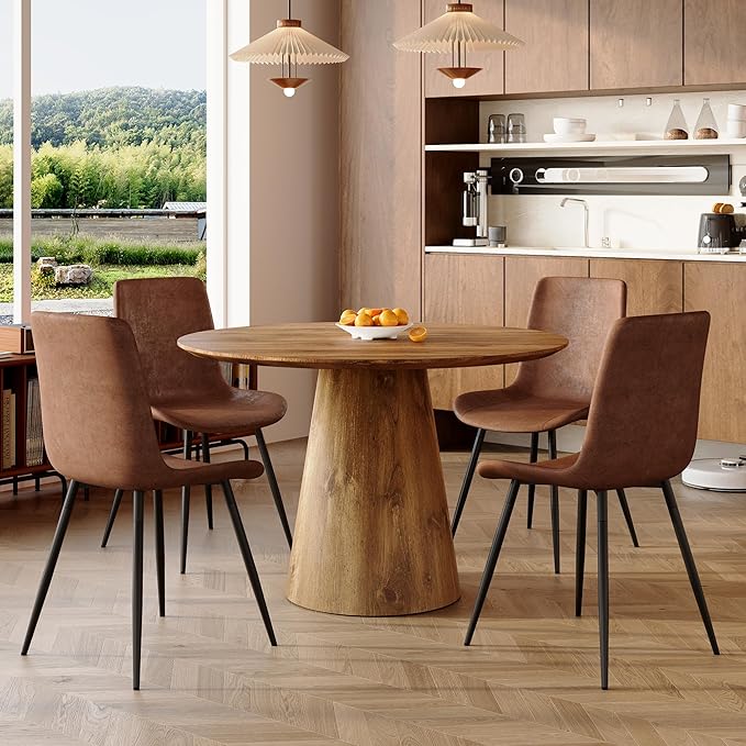 Round Dining Table Set for 4,45'' Farmhouse Dining Room Table Set for 4 with Suede Chairs,1" Thick Wood Pattern Tabletop with Conical Base,5 Pieces Kitchen Table Set for Dining Room,Apartment