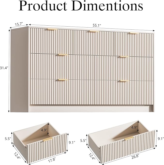 Beige Dresser for Bedroom, Modern Dresser with 7 Drawers and Smooth Slides, Wide Chest of Drawers with Golden Handles for Bedroom, Living Room, Closet, 15.7" D x 55.1" W x 31.4" H
