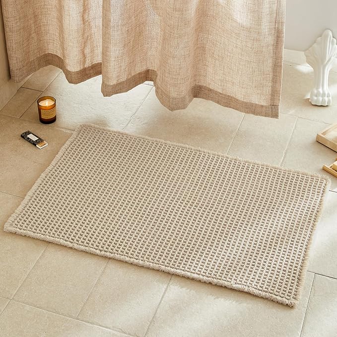 Pale Beige Bathroom Rug, Waffle Bath Mat Non Slip Washable Super Absorbent Quick Dry Boho Farmhouse Bathroom Decor, 36''x24'' Pale Beige