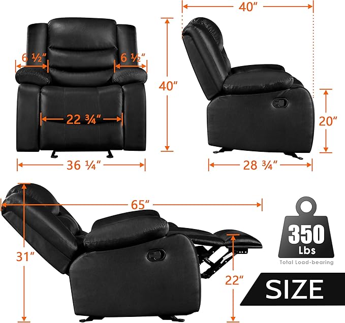 PrimeZone Oversized Rocker Recliner Chair - Comfy Wide Lazy Boy Recliner Chair with Overstuffed Armrest, Faux Leather Manual Reclining Chairs for Living Room, Bedroom, Home Theater, Black Set of 2