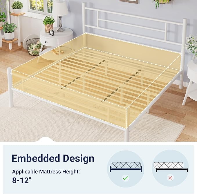 Allewie 14 Inch King Size Metal Platform Bed Frame with Headboard and Footboard, Underbed Storage, Strong Metal Slats Support, Mattress Foundation, No Box Spring Needed, Easy Assembly, White