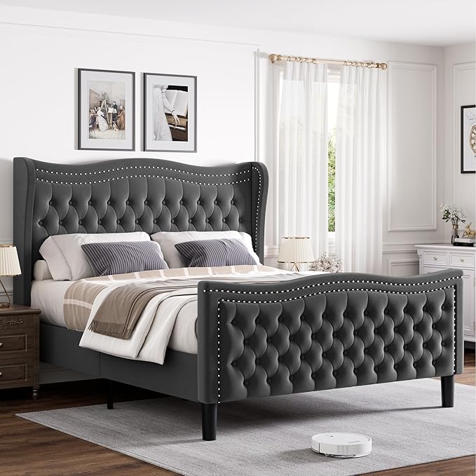 Queen Bed Frame with Tall Headboard & Footboard, Velvet Upholstered Platform Bed Frame with Deep Button Tufted Wingback, No Box Spring Needed, Noise Free, Grey