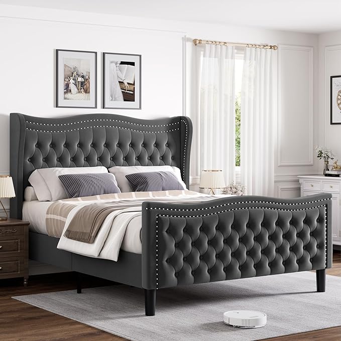 Full Bed Frame with Tall Headboard & Footboard, Velvet Upholstered Platform Bed Frame with Deep Button Tufted Wingback, No Box Spring Needed, Noise Free, Grey