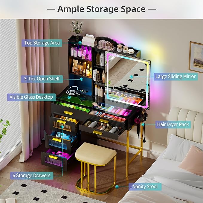 RGB Vanity Desk with Sliding Mirror and Lights,Makeup Vanity with Charging Station,LED Vanity Table with Glass Top,Girls Vanities Dressing Table Set with Stool&6 Drawers for Bedroom(Black