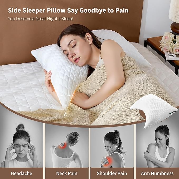 Cooling Pillow for Side Sleepers - Ergonomic Curved Design & Adjustable Shredded Memory Foam for Neck/Shoulder Pain Relief, Queen Size Bed Pillow with Washable Cover & Extra Fill (Crescent White)