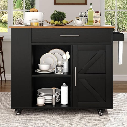 4 EVER WINNER Kitchen Island Cart with Storage, Kitchen Island with Spice Rack & Towel Rack & Open Shelves, Rolling Kitchen Cart with Storage Cabinet and Drawer, Island Table for Kitchen,Black