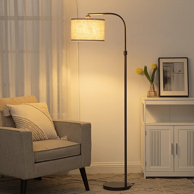 EDISHINE Arched Floor Lamps for Living Room, Standing Tall Arc Lamp with Adjustable Linen Shade, Minimalist Reading Light for Corner, Over Couch Arched Lamp for Bedroom, Office, Kids Room, Bronze