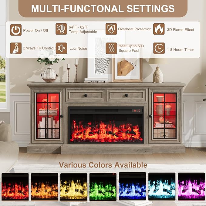 Fireplace TV Stand Up to 80" TVs, 70'' Modern Entertainment Center with 36" Electric Fireplace & LED Lights, Farmhouse Media Console with Storage Cabinet & Drawer for Living Room, Gray