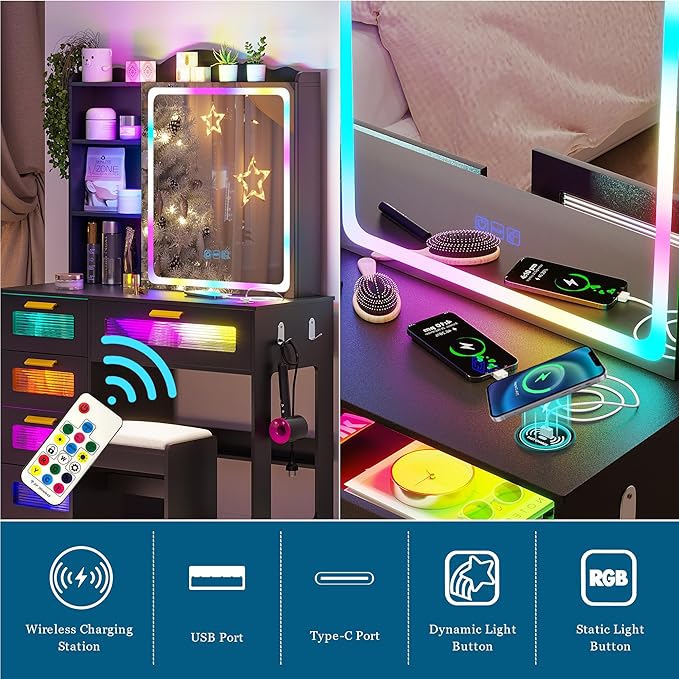 Vanity Desk with Lights and Sliding Mirror, Makeup Vanity Desk with Charging Station, Vanitys Dressing Table with Stool,LED Vanity Set with Large Drawers&Shelves for Bedroom, Decor, Black