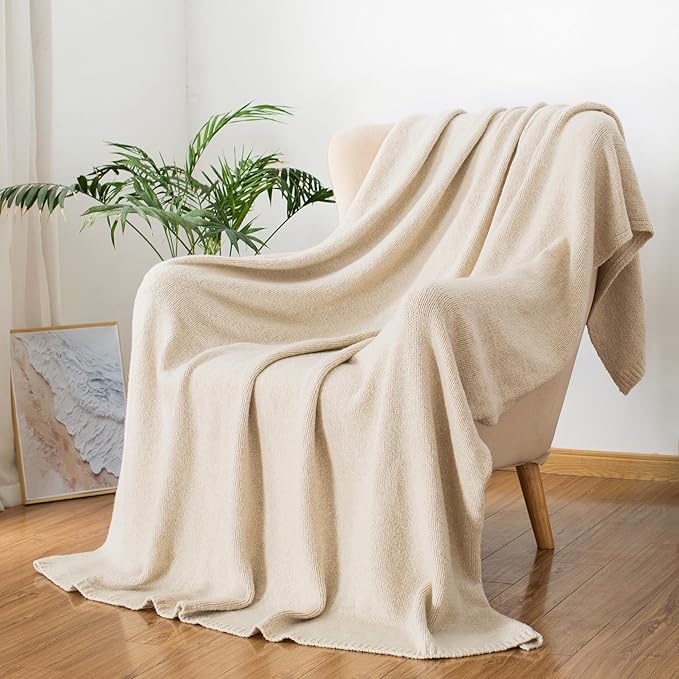 Carriediosa Wool Blend Knit Throw Blanket 50" X 60", 50% Recycled Polyester Soft Cable Knitted Fluffy Throws for Couch Lightweight Woven Blankets for Sofa Fuzzy Cozy Bed Cover, Light Beige