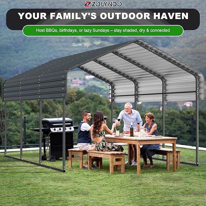 10x15FT Metal Carport Kits, Heavy Duty Car Port on Clearance with Galvanized Metal Roof, Outdoor Garage Car Shelter Shade for Car, Boats and Truck (Dark Gray)